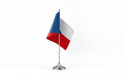 4k, 체코 테이블 플래그, 흰 배경, 체코 국기, 체코 공화국의 테이블 국기, 금속 막대기에 체코 공화국 국기, 체코 공화국의 국기, 국가 상징, 체코 공화국, 유럽