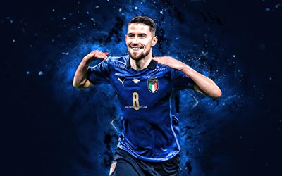 Jorginho, 4k, blue neon lights, Italy National Football Team, soccer, footballers, blue abstract background, Italian football team, Jorginho 4K