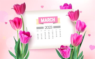 4k, calendrier mars 2023, modèle de printemps, fond de printemps avec des tulipes violettes, mars, calendrier printemps 2023, concepts 2023, tulipes roses