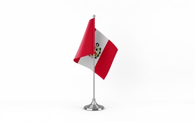 4k, bandiera da tavolo del perù, sfondo bianco, bandiera del perù, bandiera del perù sul bastone di metallo, simboli nazionali, perù, europa
