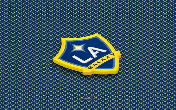 4k, Los Angeles Galaxy isometric logo, 3d art, American soccer club, isometric art, Los Angeles Galaxy, blue background, MLS, USA, soccer, isometric emblem, Los Angeles Galaxy logo, LA Galaxy