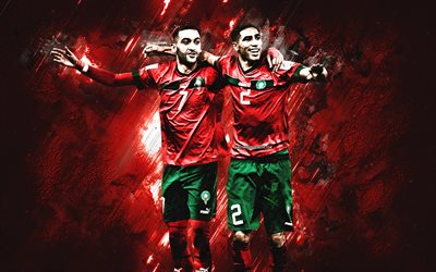 achraf hakimi, hakim ziyech, marokon jalkapallomaajoukkue, qatar 2022, punainen kivi tausta, marokon jalkapalloilijat, marokko, jalkapallo