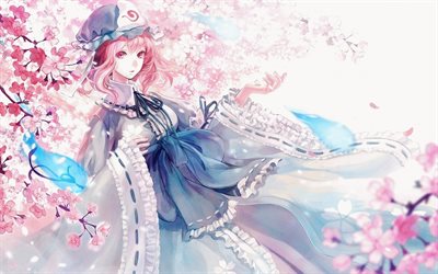 saigyouji yuyuko, projet touhou, portrait, principal antagoniste, mangas japonais, fleur de cerisier parfaite, personnages du projet touhou