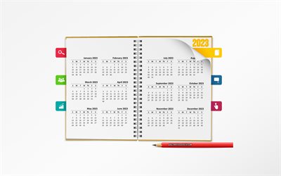 calendario 2023 tutti i mesi, 4k, bloc notes, calendario 2023, sfondo bianco, 2023 concetti, calendario 2023 nel blocco note
