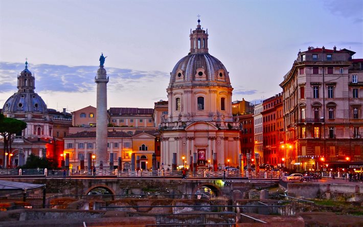 church, evening city, lights, Rome, Italy