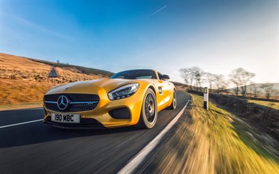 de la route, la vitesse, 2016, la Mercedes-AMG GT, le mouvement, jaune Mercedes