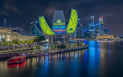 Singapur Singapur, gece, defne, ışıklar, Asya, Cumhuriyet