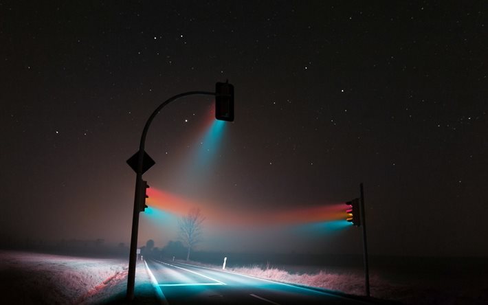 Night, road, traffic lights, empty road, crossroads