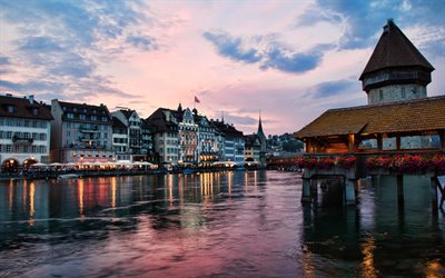 Lucerna, puesta de sol, río, Suiza