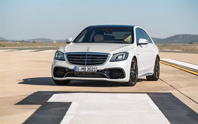 Mercedes-Benz S63 AMG, 2018, Tuning S-class, white Mercedes, runway, German cars, luxury cars, Mercedes