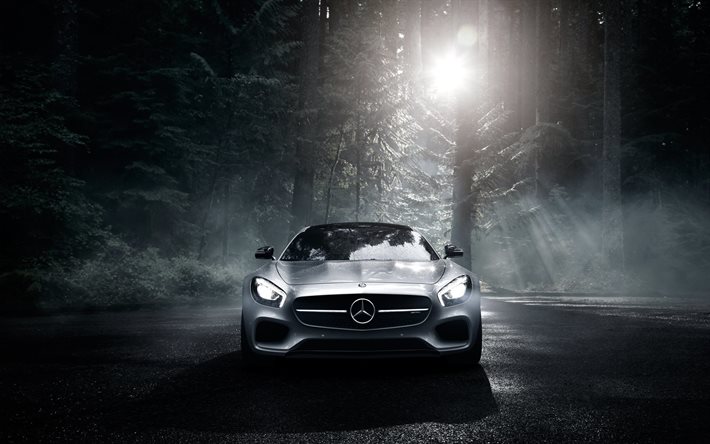 la noche, el bosque, el 2016, Mercedes-AMG GT S, supercars, plata de mercedes