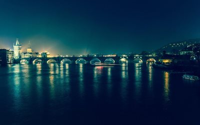 Prague, nuit, pont, lumières, République tchèque