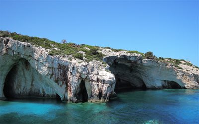 mar jônico, rochas, baía, mar, grécia, ilha de zakynthos