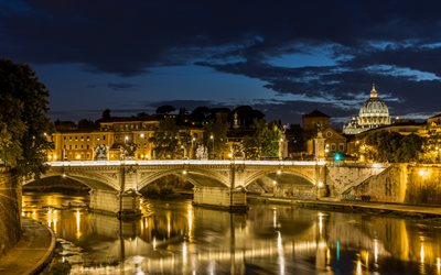 مساء, ليلة, الجسر, روما, إيطاليا, petersdom, الكاتدرائية الكاثوليكية, الفاتيكان