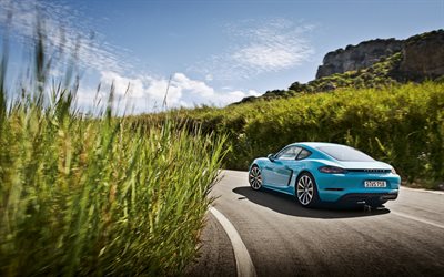 Porsche 718 Caimán, 2017, Porsche azul, luz azul Porsche coupe coche deportivo