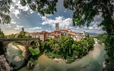 इतालवी गांव, पत्थर पुल, नदी, गर्मी, Cividale del Friuli, Friuli-Venezia Giulia, इटली, Natisone नदी