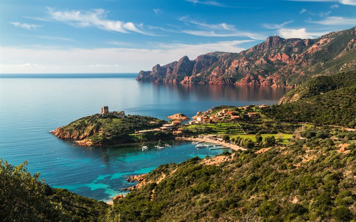 Korsika, Akdeniz, sahil, yaz, kale, tekne, France