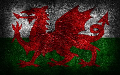 4k, Wales flag, stone texture, Flag of Wales, stone background, grunge art, Wales national symbols, Wales