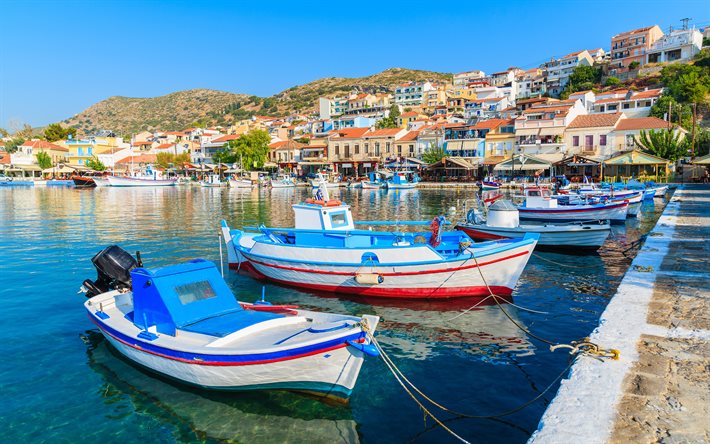 pythagoreio, 4k, pir, båtar, grekiska städer, vacker natur, egeiska havet, samos, norra egeiska havet, grekland, europa, sommar