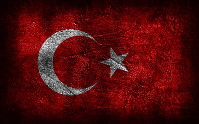 4k, علم تركيا, نسيج الحجر, الحجر الخلفية, العلم التركي, فن الجرونج, الرموز الوطنية التركية, ديك رومى