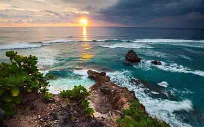 Bali, 4k, sunset, tropics, ocean, waves, paradise, Indonesia, Asia, horizon, beautiful nature