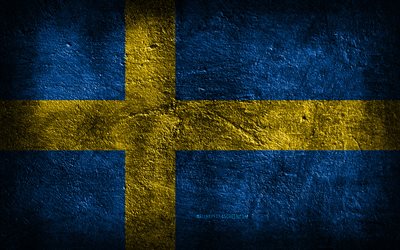 4k, 스웨덴 국기, 돌 질감, 스웨덴의 국기, 돌 배경, 그런지 아트, 스웨덴 국가 상징, 스웨덴
