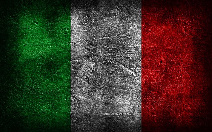 4k, 이탈리아 국기, 돌 질감, 이탈리아의 국기, 돌 배경, 그런지 아트, 이탈리아 국가 상징, 이탈리아