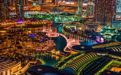 दुबई, 4k, दुबई का फव्वारा, रात का दृश्य, आधुनिक इमारतों, संयुक्त अरब अमीरात, दुबई के साथ तस्वीरें, आधुनिक वास्तुकला, गगनचुंबी इमारतों, दुबई शहर का दृश्य, दुबई रात में, फव्वारे