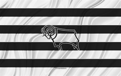 Derby County FC, 4K, white black wavy flag, Championship, football, 3D fabric flags, Derby County FC flag, soccer, Derby County FC logo, english football club, FC Derby County