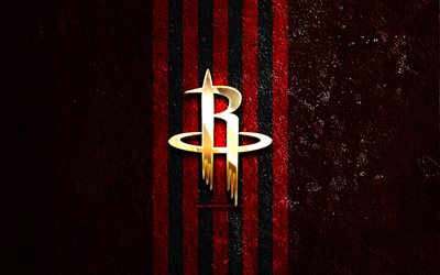 Houston Rockets golden logo, 4k, red stone background, NBA, american basketball team, Houston Rockets logo, basketball, Houston Rockets