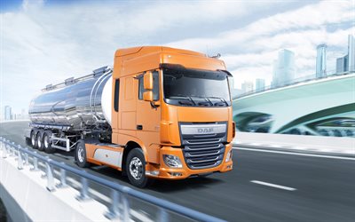 daf xf 510 ft, camion-citerne, nouveau daf xf orange, extérieur, transport d essence, livraison de carburant, camion-citerne sur la route, transport de diesel, camions neufs, daf