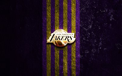 ロサンゼルスレイカーズのゴールデンロゴ, 4k, 紫の石の背景, nba, アメリカのバスケットボールチーム, ロサンゼルスレイカーズのロゴ, バスケットボール, ロサンゼルスレイカーズ