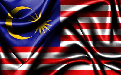 マレーシアの旗, 4k, アジア諸国, ファブリックフラグ, マレーシアの日, 波状のシルクの旗, アジア, マレーシアの国家シンボル, マレーシア