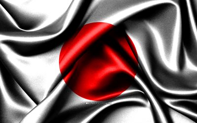 drapeau japonais, 4k, pays asiatiques, drapeaux en tissu, jour du japon, drapeau du japon, drapeaux de soie ondulés, symboles nationaux japonais, japon