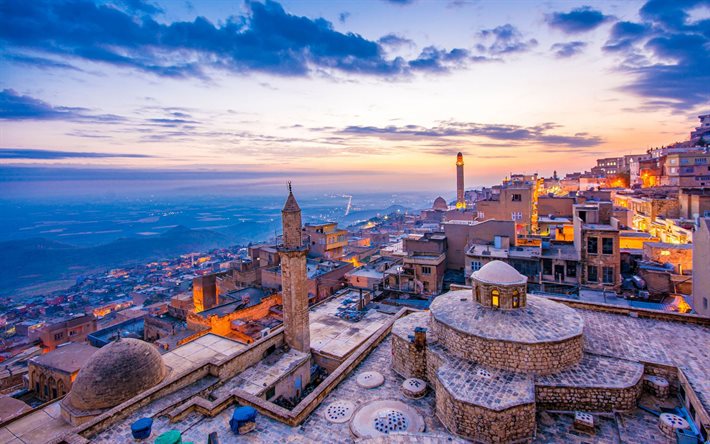 mardin, kväll, solnedgång, moské, stadsljus, mardin panorama, mardin stadsbild, turkiet