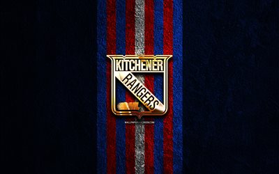 logo dorato dei kitchener rangers, 4k, sfondo di pietra blu, ohl, squadra canadese di hockey, logo dei kitchener rangers, hockey, kitchener rangers