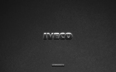 IVECO logo, gray stone background, IVECO emblem, car logos, IVECO, car brands, IVECO metal logo, stone texture