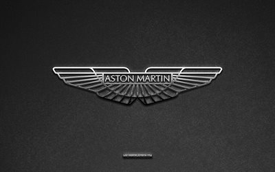 Aston Martin logo, gray stone background, Aston Martin emblem, car logos, Aston Martin, car brands, Aston Martin metal logo, stone texture