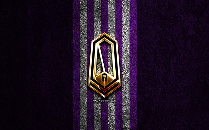 goldenes logo des pacific fc, 4k, violetter steinhintergrund, canadian premier league, kanadischer fußballverein, logo des pacific fc, fußball, fc pacific, pacific fc