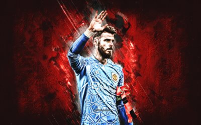 david de gea, manchester united fc, espanjalainen jalkapalloilija, maalivahti, punainen kivi tausta, jalkapallo, premier league, englanti