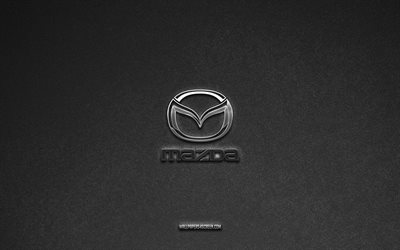 Mazda logo, gray stone background, Mazda emblem, car logos, Mazda, car brands, Mazda metal logo, stone texture