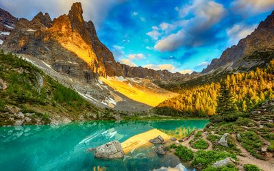 lago glacial, alpes, tarde, puesta de sol, lago de montaña, montañas rocosas, paisaje de montaña, lago, italia