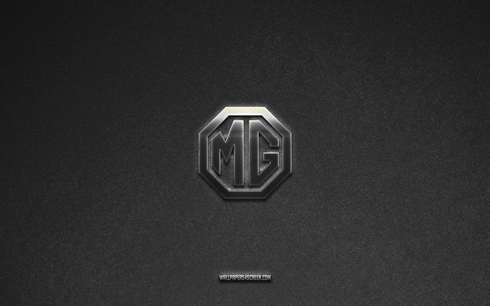 MG logo, gray stone background, MG emblem, car logos, MG, car brands, MG metal logo, stone texture