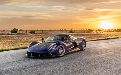 2023, Hennessey Venom F5 Roadster, 4k, front view, blue supercar, hypercars, evening, sunset, luxury cars, Hennessey