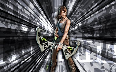 4k, Lara Croft Fortnite, серый rays background, Lara Croft Skin, abstract art, Fortnite Lara Croft Skin, Fortnite characters, Lara Croft, Fortnite, creative art