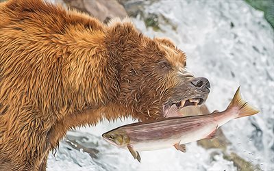 그리즐리, 4k, 벡터 아트, 알래스카, 곰이 연어를 잡는다, 곰 그림, 그리즐리 그림, 포식자, 곰, 야생 동물