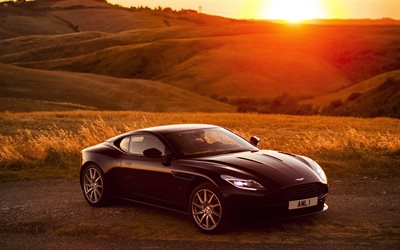 Aston Martin DB11, supercars, 2016, puesta de sol, coupe, campos