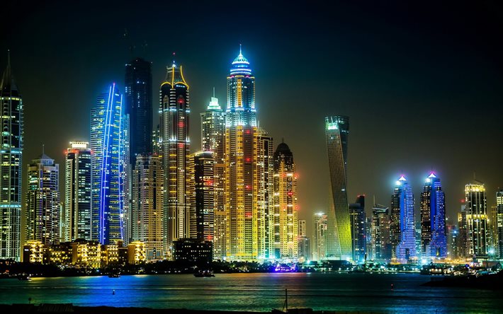 Dubai, grattacieli, panorama, notte, EMIRATI arabi uniti, luci, Emirati Arabi Uniti