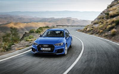 Audi RS4 Avant, carretera, 4k, 2018 coches, vagones, azul RS4, sportcars, Audi