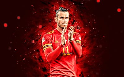 Gareth Bale, 4k, red neon lights, Wales National Football Team, soccer, footballers, red abstract background, Welsh football team, Gareth Bale 4K
